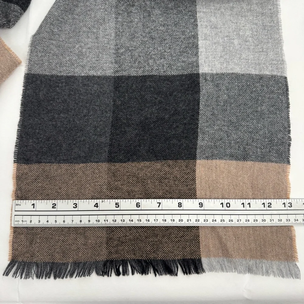 MWT MURANO 100% Cashmere Fringed Scarf Muffler Plaid 13 X 70”